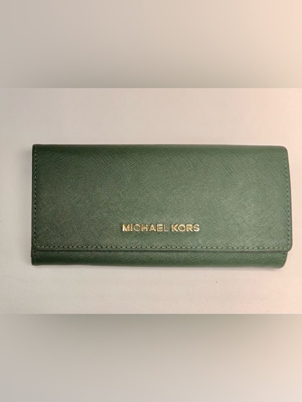 Michael Kors Dark Green Saffiano Leather Continental Wallet with Gold Logo